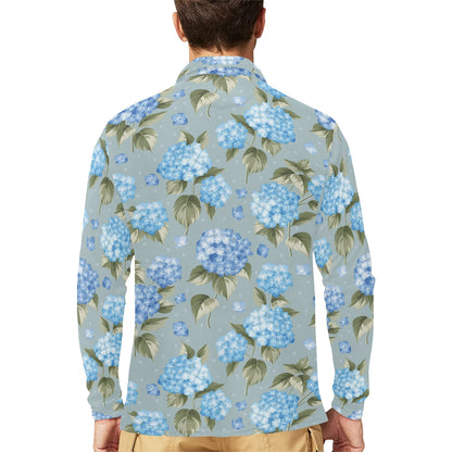 Hydrangea Pattern Print Design 01 Long Sleeve Polo Shirt For Men's
