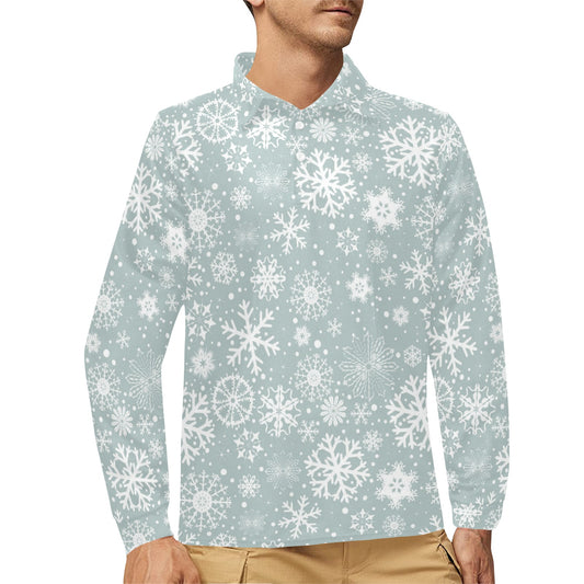 Snowflake Print Design LKS303 Long Sleeve Polo Shirt For Men's