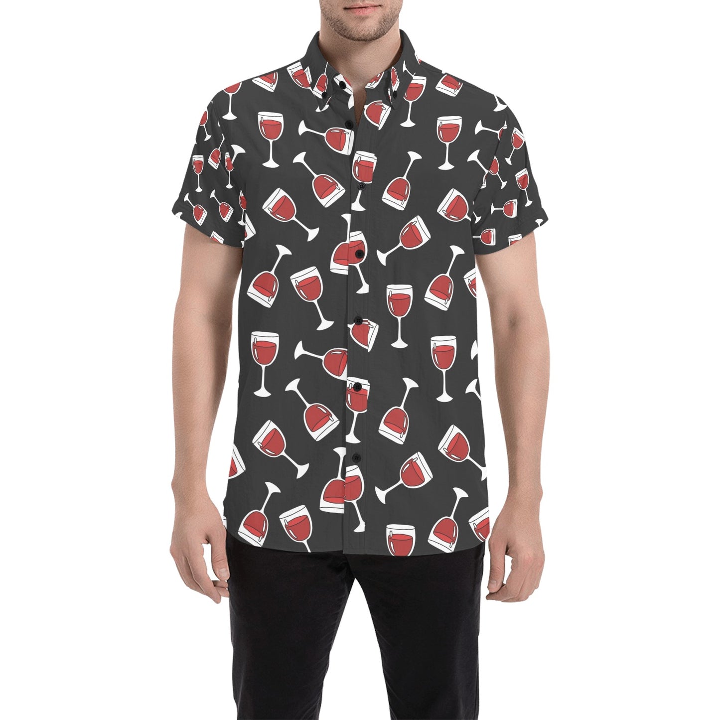 Wine Glass Print Design LKS303 Men Short Sleeve Button Up Shirt