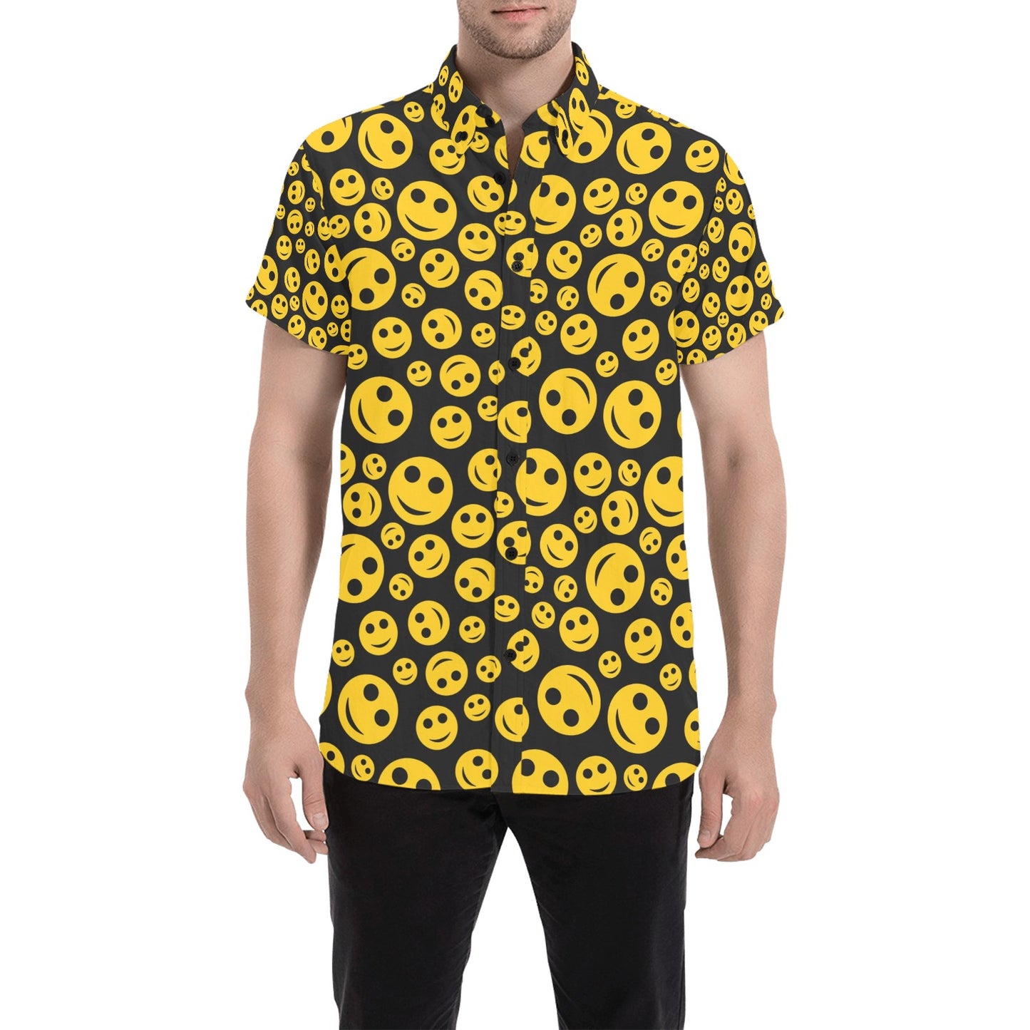 Smiley Face Emoji Print Design LKS304 Men Short Sleeve Button Up Shirt