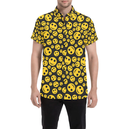 Smiley Face Emoji Print Design LKS304 Men Short Sleeve Button Up Shirt
