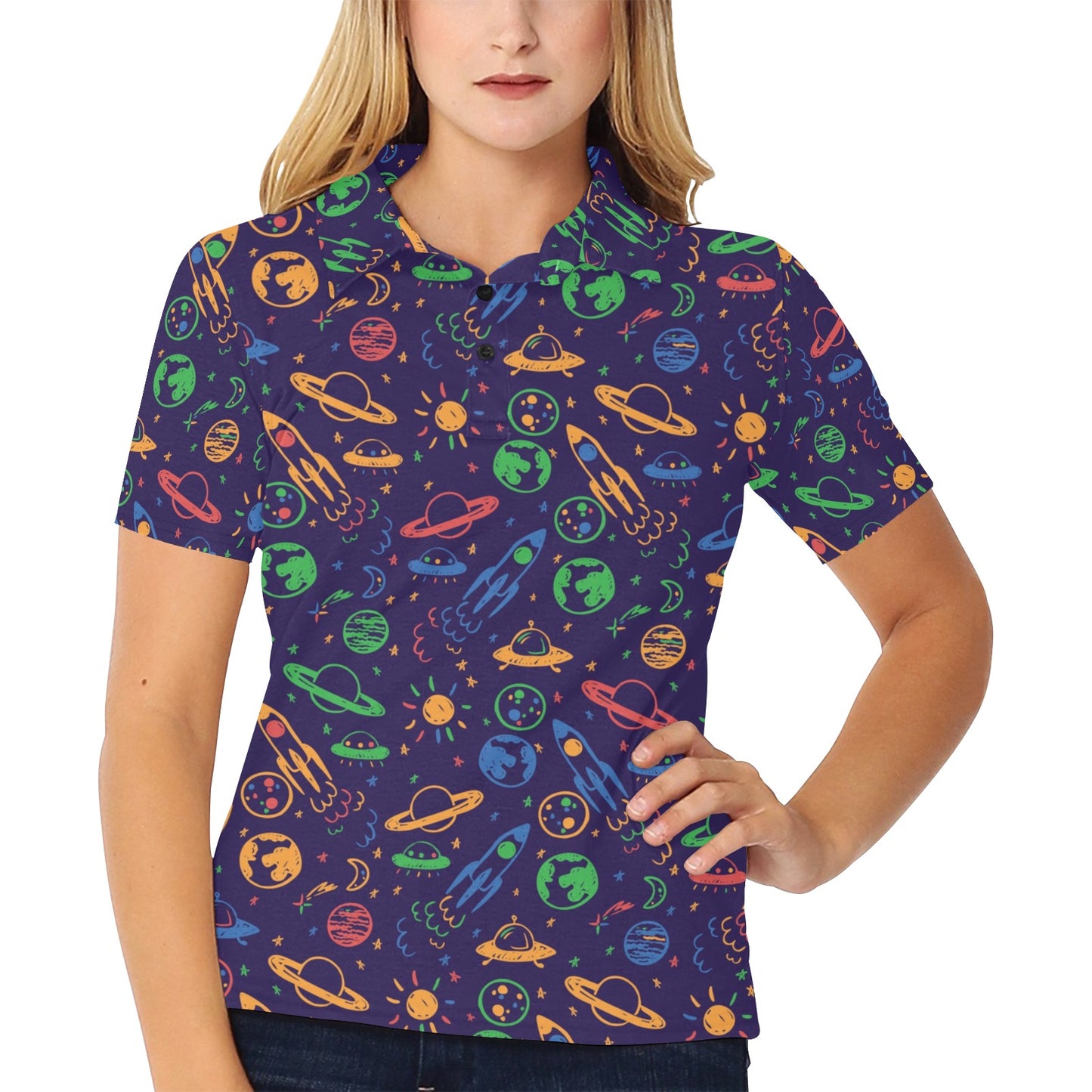UFO Space Rocket Print Design LKS302 Women's Polo Shirt