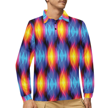 Flame Fire Blue Design Print Long Sleeve Polo Shirt For Men's