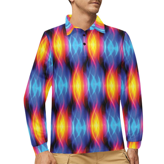 Flame Fire Blue Design Print Long Sleeve Polo Shirt For Men's