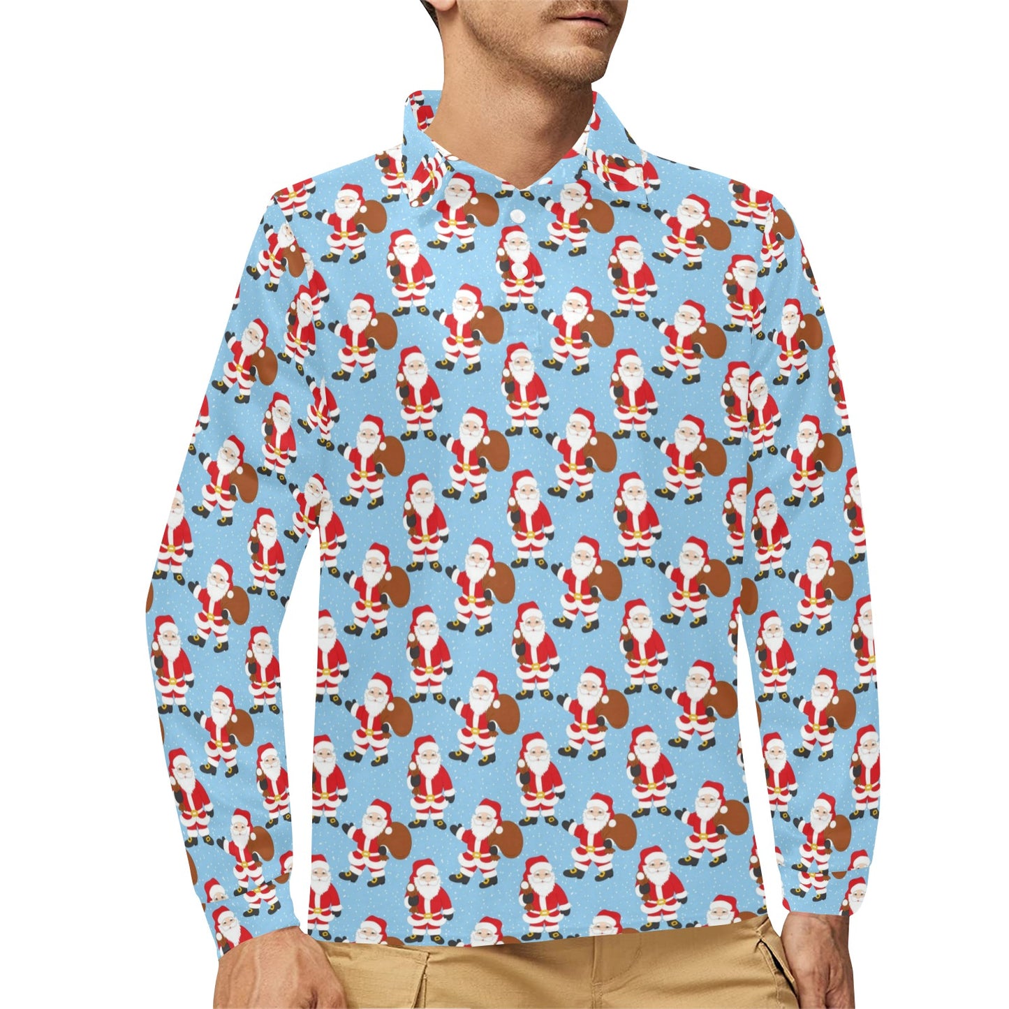 Santa Christmas Themed Print Design LKS305 Long Sleeve Polo Shirt For Men's