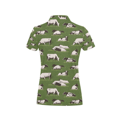 Cow on Grass Print Pattern Women's Polo Shirt