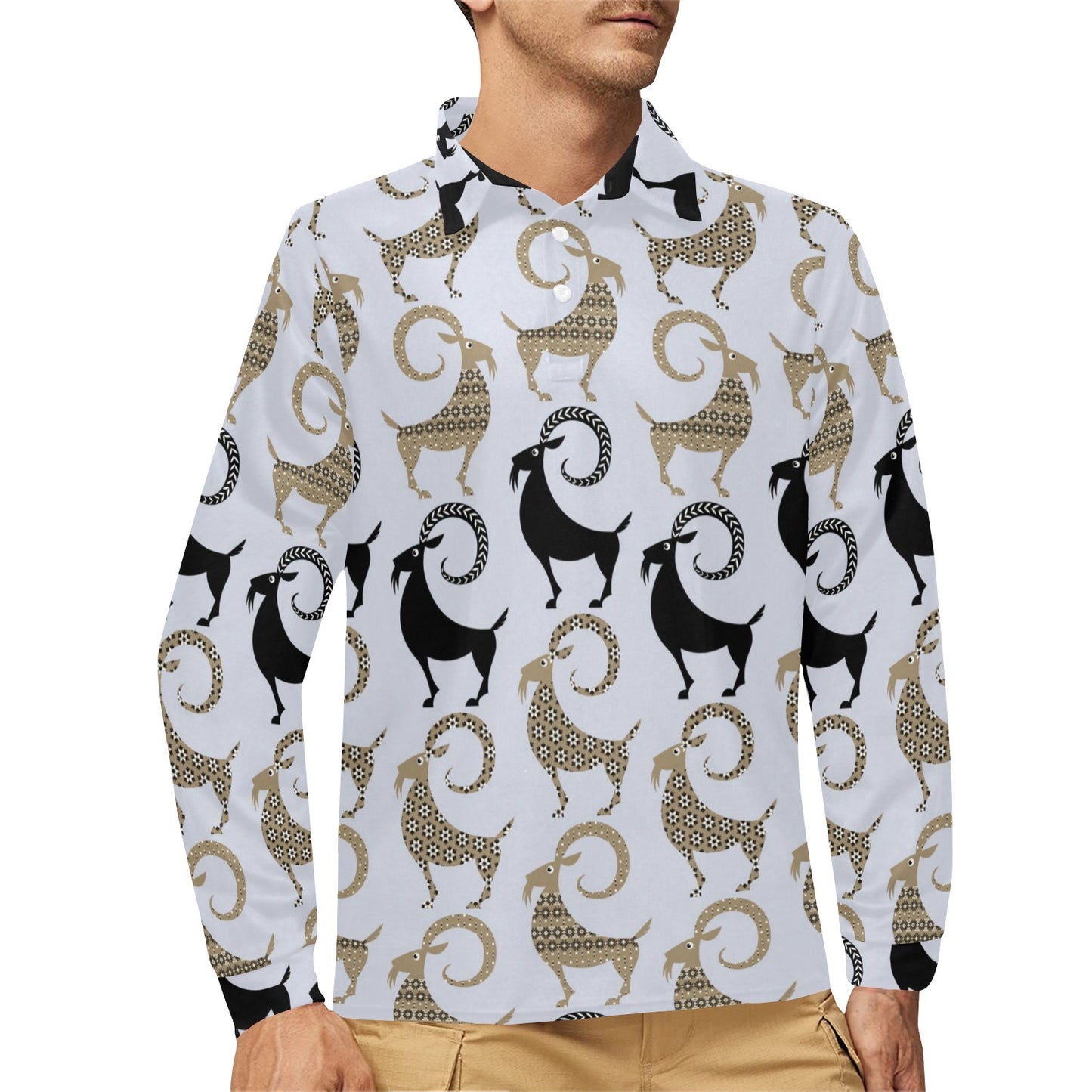 Goat Pattern Print Design 03 Long Sleeve Polo Shirt For Men's