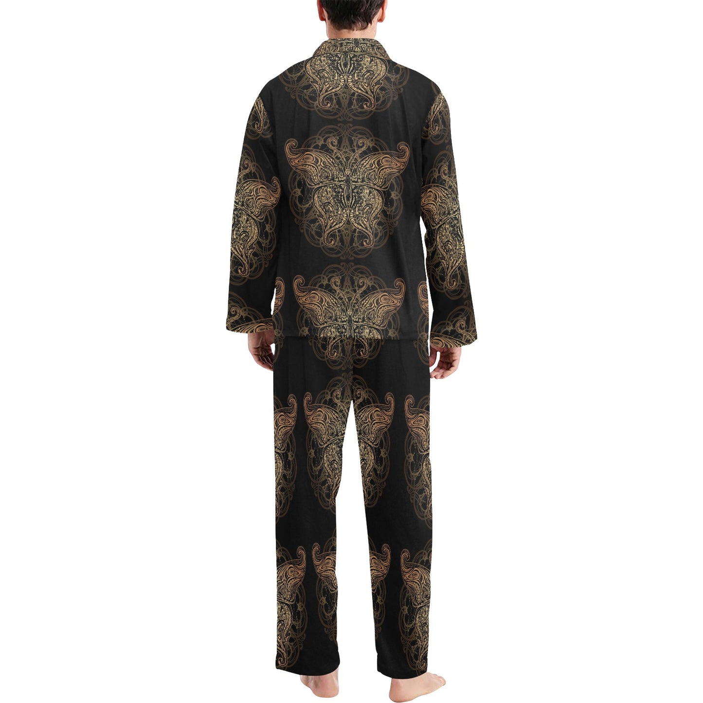 Gold Butterfly Ornamental Men's Long Pajama Set