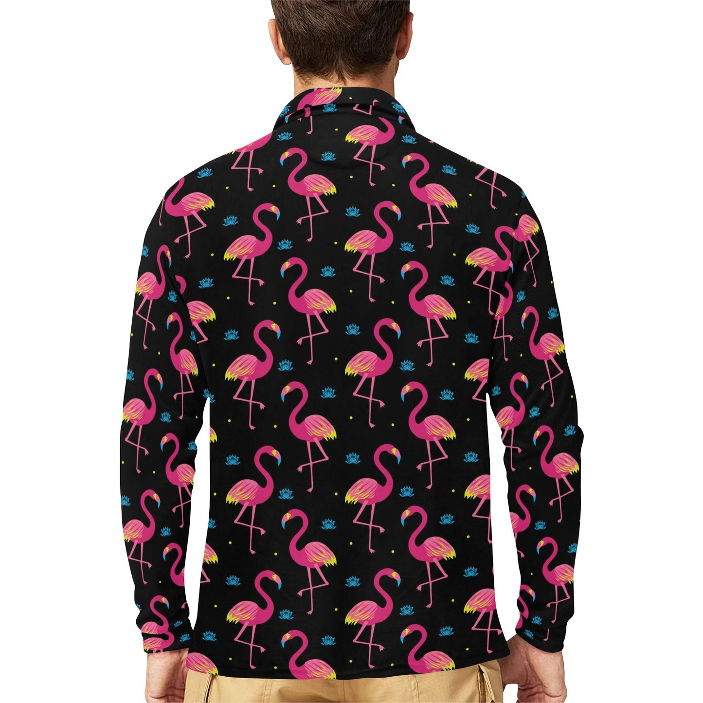 Flamingo Pink Neon Print Pattern Long Sleeve Polo Shirt For Men's