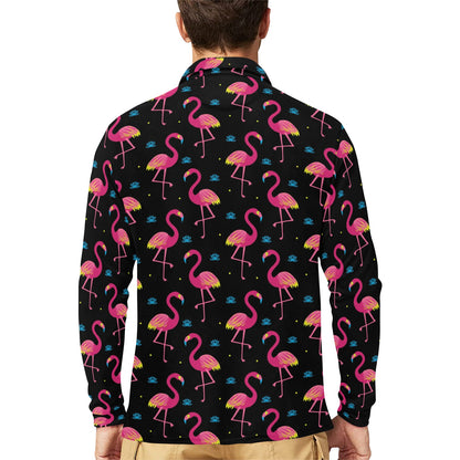 Flamingo Pink Neon Print Pattern Long Sleeve Polo Shirt For Men's