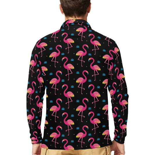 Flamingo Pink Neon Print Pattern Long Sleeve Polo Shirt For Men's
