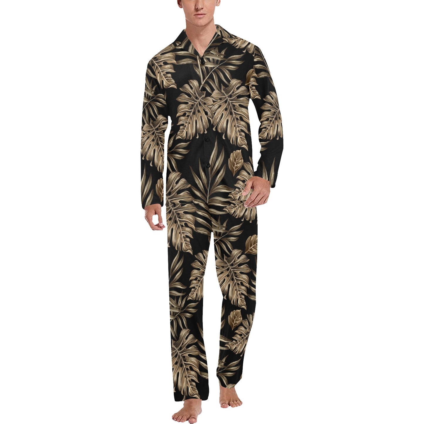 Brown Tropical Palm Leaves Men's Long Pajama Set