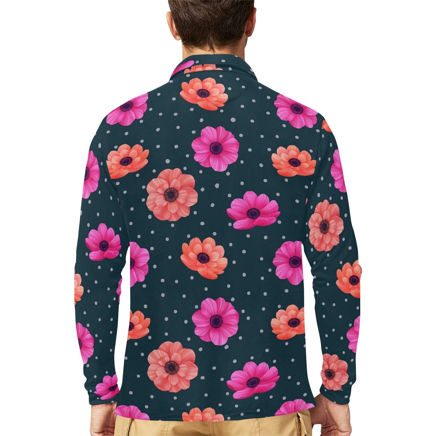 Anemone Pattern Print Design AM08 Long Sleeve Polo Shirt For Men's
