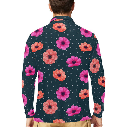 Anemone Pattern Print Design AM08 Long Sleeve Polo Shirt For Men's