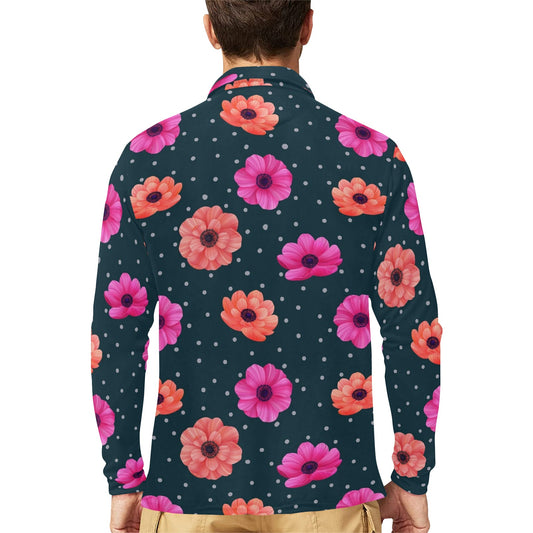 Anemone Pattern Print Design AM08 Long Sleeve Polo Shirt For Men's