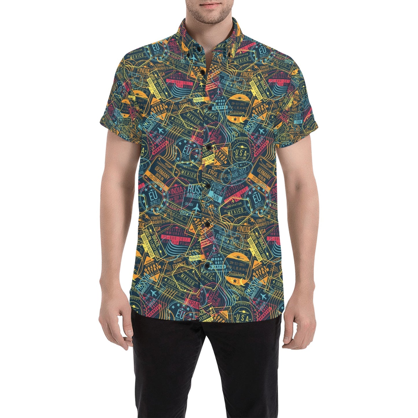 Travel Stamp Colorful Print Design LKS304 Men Short Sleeve Button Up Shirt