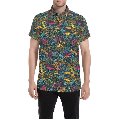 Travel Stamp Colorful Print Design LKS304 Men Short Sleeve Button Up Shirt