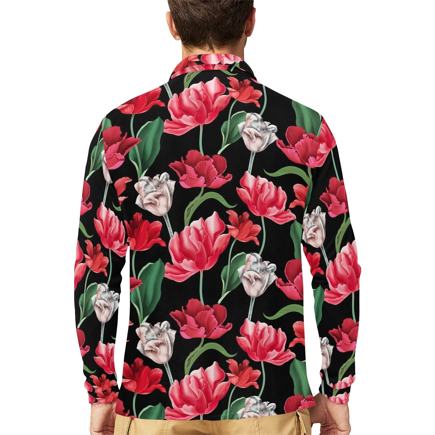 Tulip Pattern Print Design TP08 Long Sleeve Polo Shirt For Men's