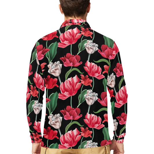Tulip Pattern Print Design TP08 Long Sleeve Polo Shirt For Men's