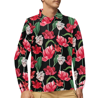 Tulip Pattern Print Design TP08 Long Sleeve Polo Shirt For Men's