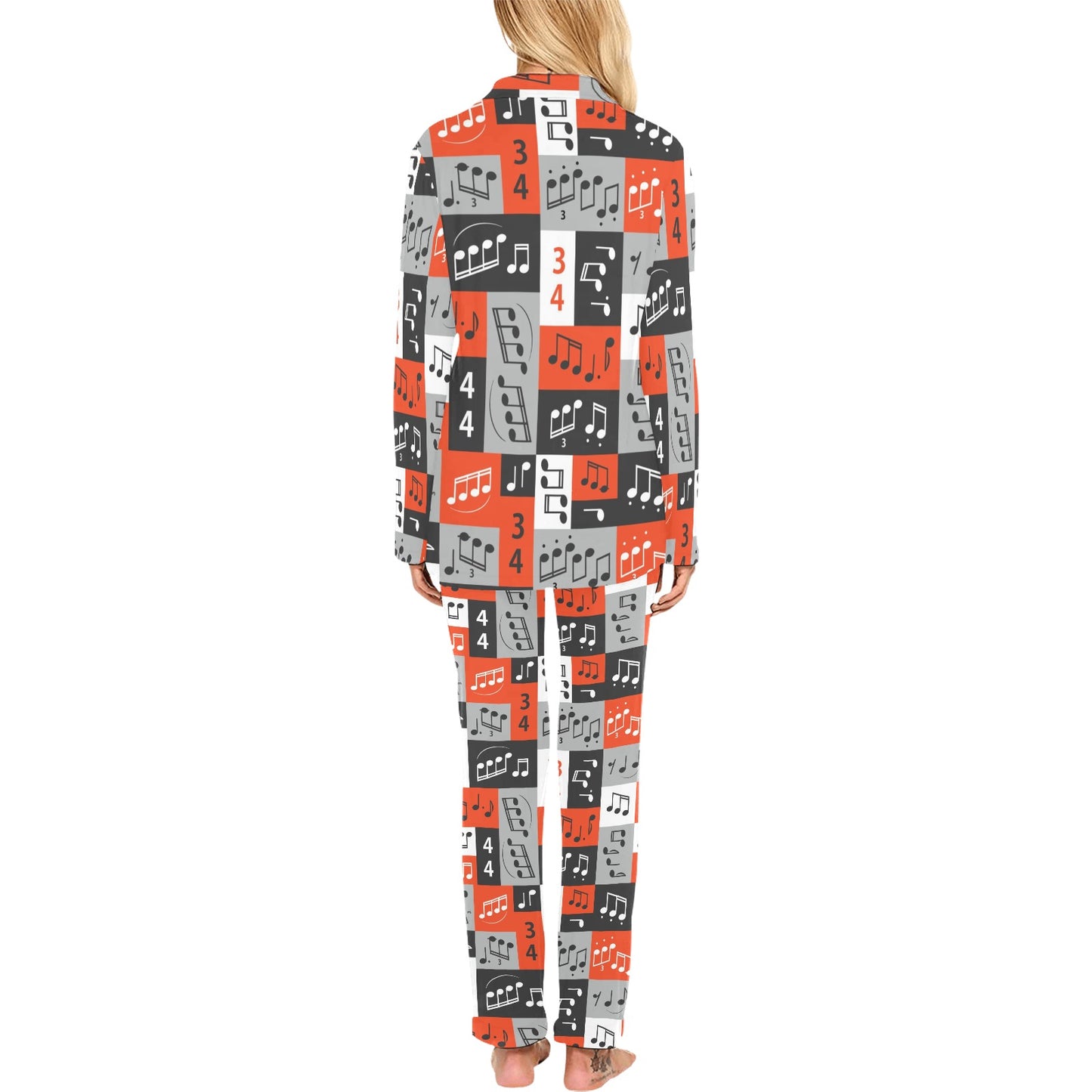 Music Note Design Themed Print Women's Long Pajama Set