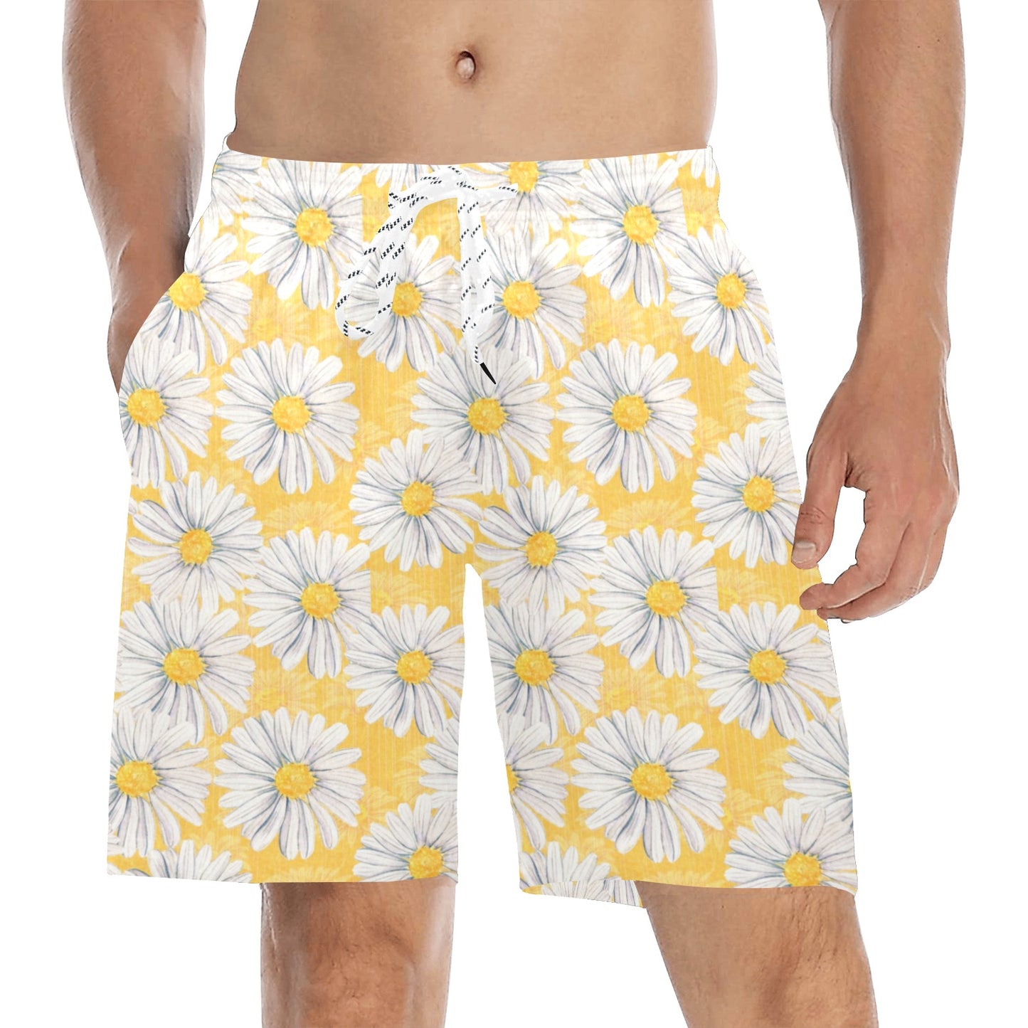 Daisy Yellow Watercolor Print Pattern Men's Swim Trunks Beach Shorts