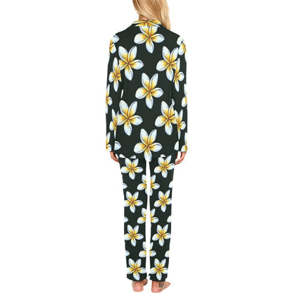 White Plumeria Pattern Print Design PM022 Women's Long Pajama Set