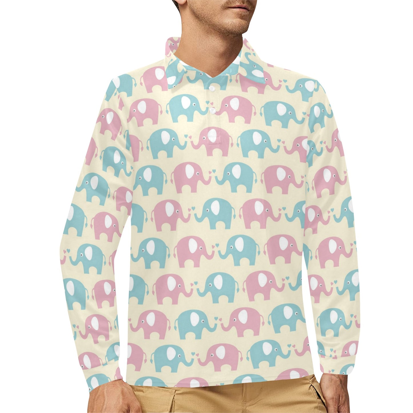 Elephant Baby Pastel Print Pattern Long Sleeve Polo Shirt For Men's