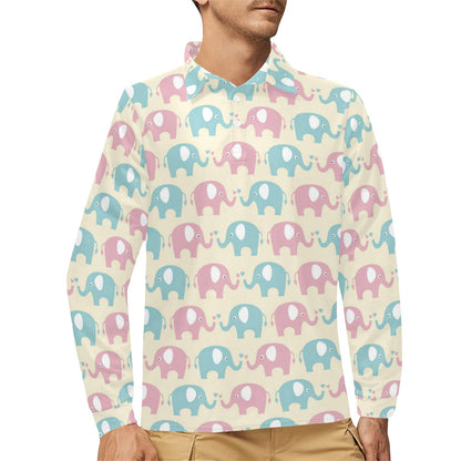 Elephant Baby Pastel Print Pattern Long Sleeve Polo Shirt For Men's