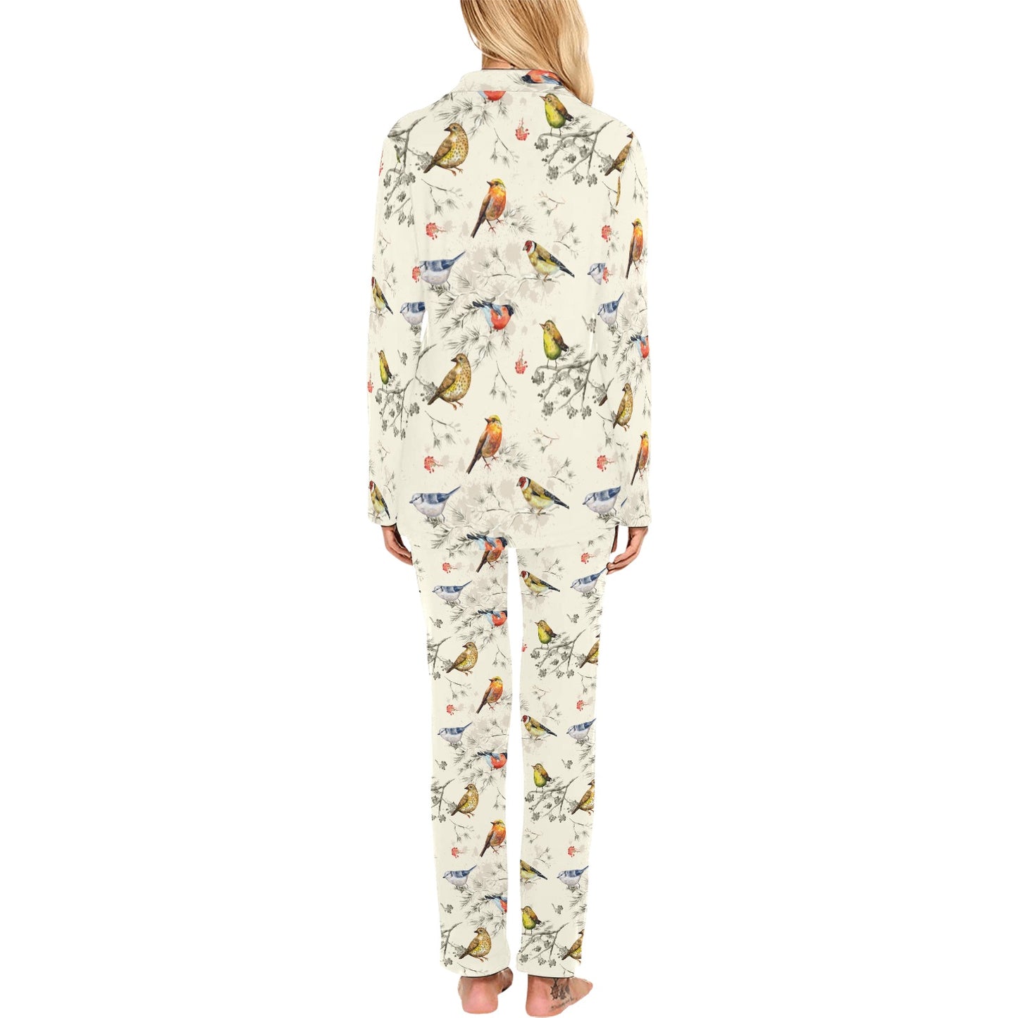 Bird Watercolor Design Pattern Women's Long Pajama Set