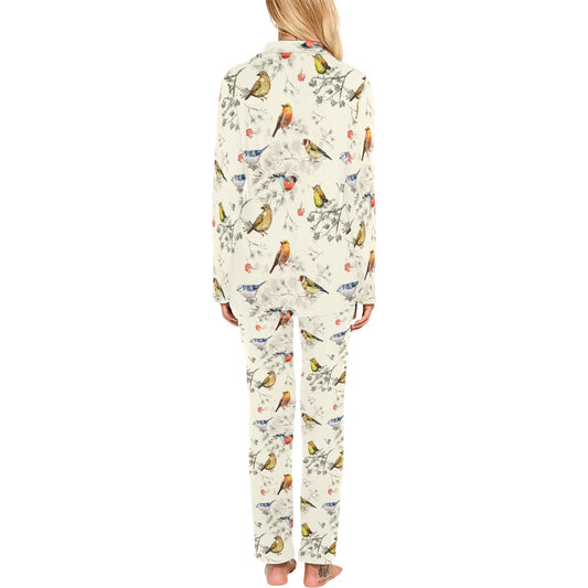 Bird Watercolor Design Pattern Women's Long Pajama Set