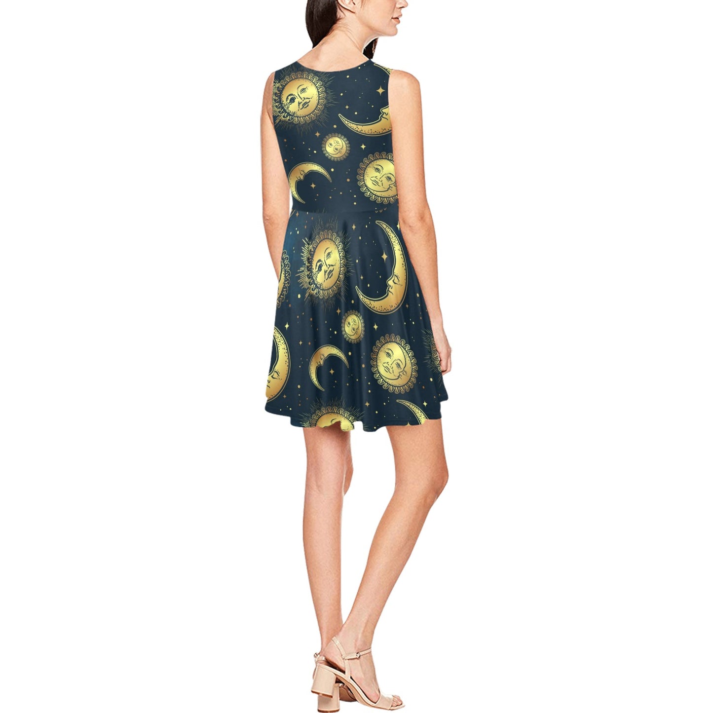 Gold Sun Moon Face Sleeveless Dress