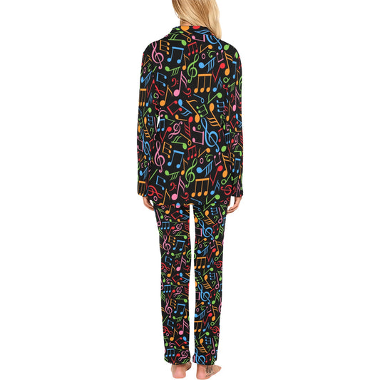 Music Note Colorful Themed Print Women's Long Pajama Set