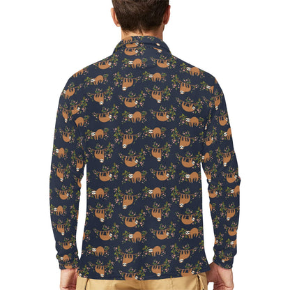Sloth flower Design Themed Print Long Sleeve Polo Shirt For Men's