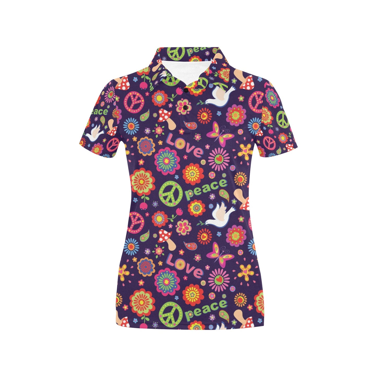Flower Power Peace Design Print Women's Polo Shirt