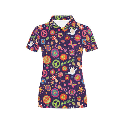 Flower Power Peace Design Print Women's Polo Shirt