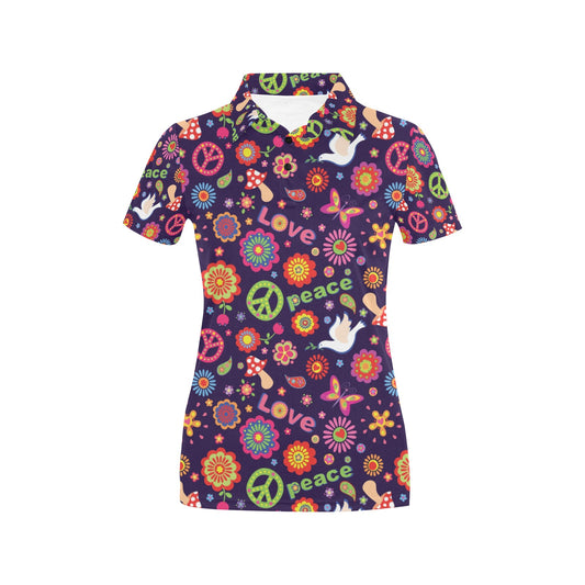 Flower Power Peace Design Print Women's Polo Shirt