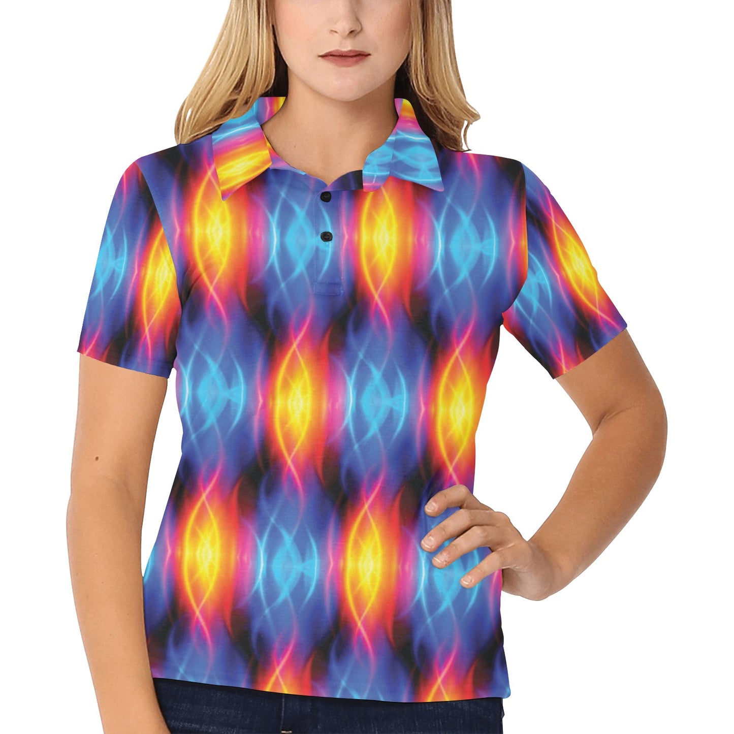 Flame Fire Blue Design Print Women's Polo Shirt