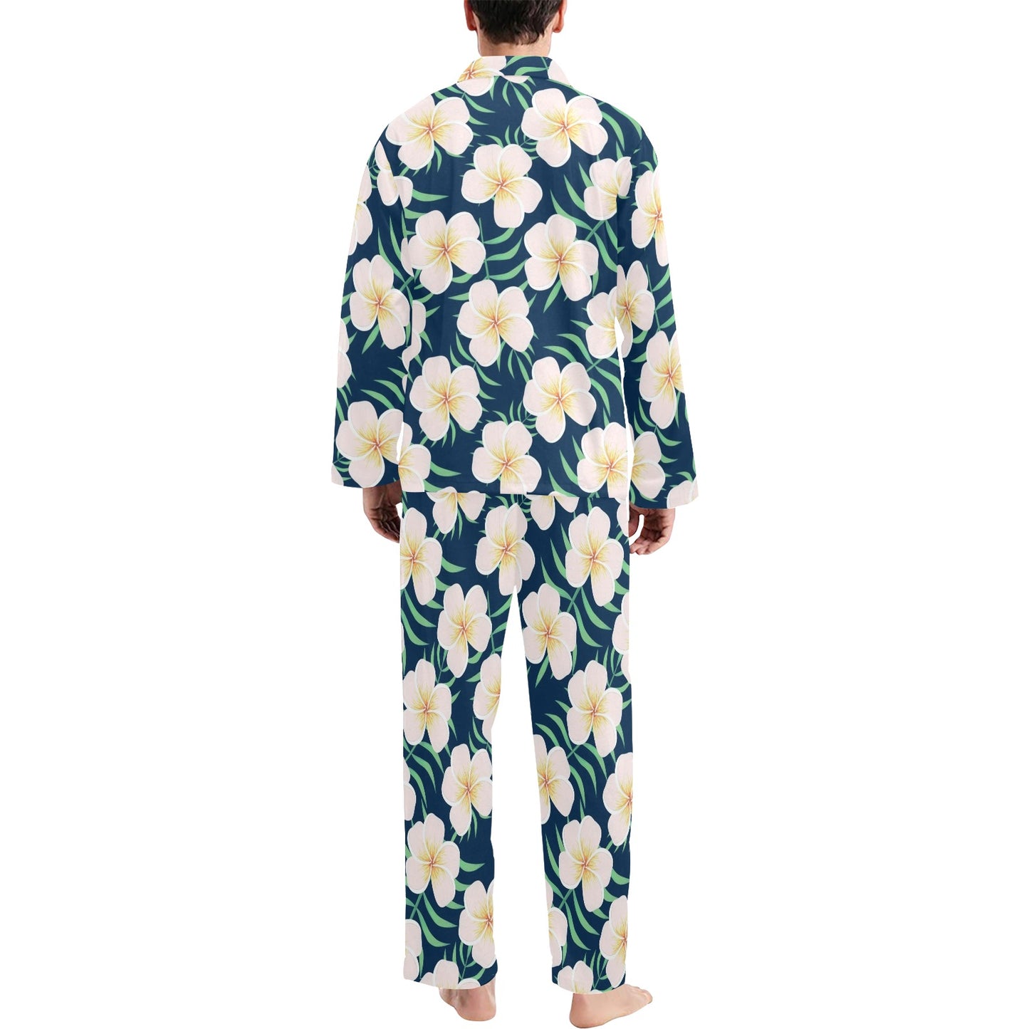 Pink Plumeria Pattern Print Design PM016 Men's Long Pajama Set