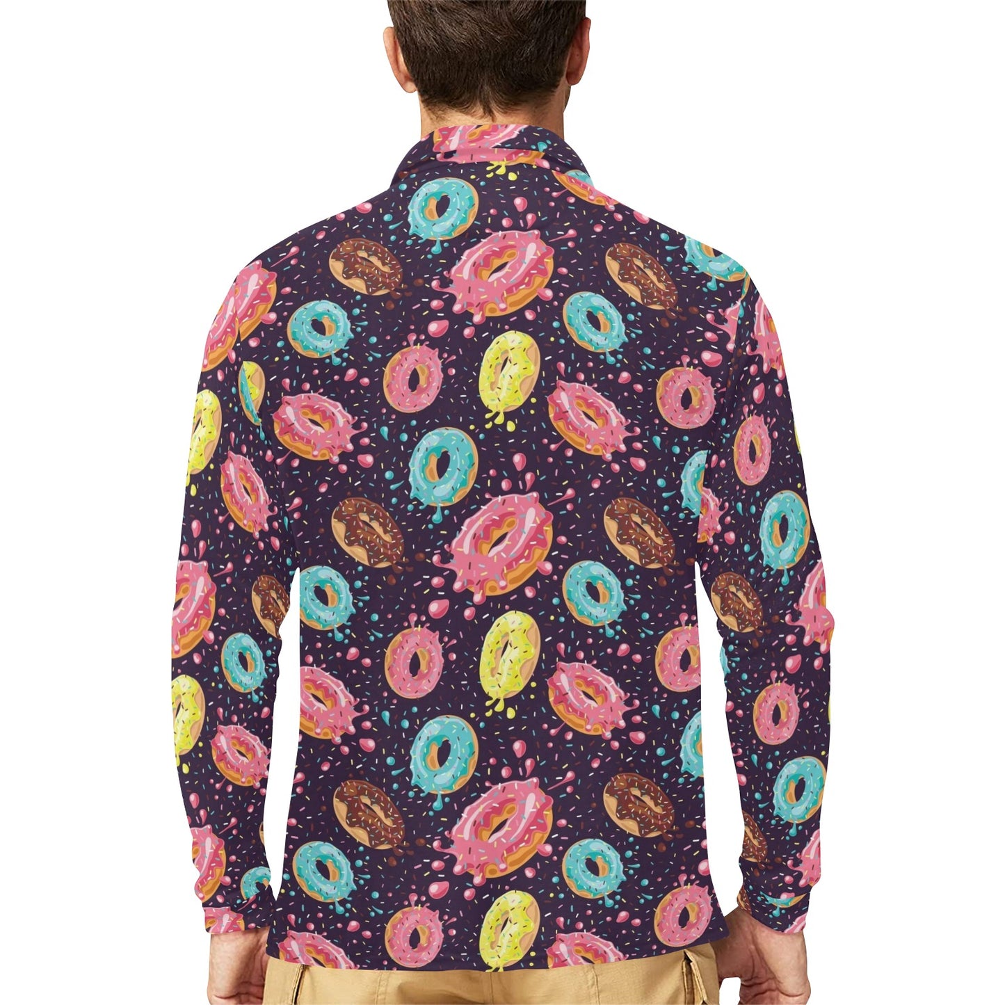 Donut Pattern Print Design DN03 Long Sleeve Polo Shirt For Men's