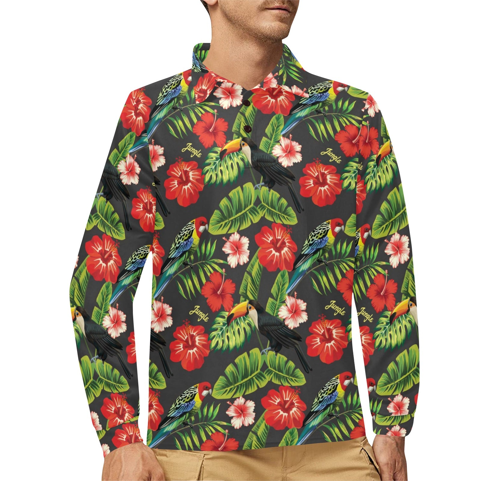 Hibiscus Red With Parrotprint Design LKS303 Long Sleeve Polo Shirt For Men's