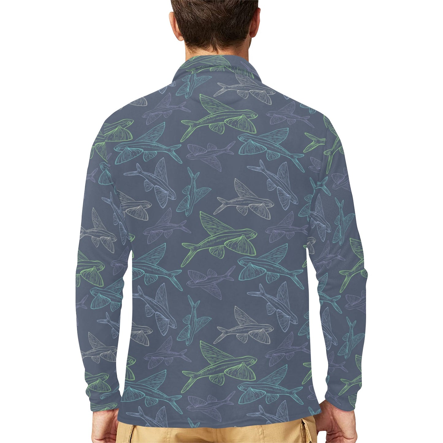 Flying Fish Pattern Print Design 02 Long Sleeve Polo Shirt For Men's