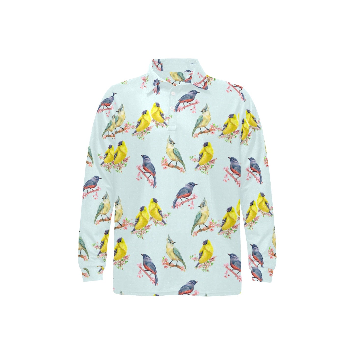 Bird Sweet Themed Print Pattern Long Sleeve Polo Shirt For Men's