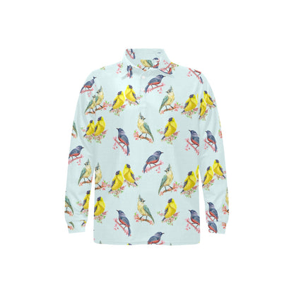Bird Sweet Themed Print Pattern Long Sleeve Polo Shirt For Men's