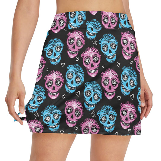Day of the Dead Skull Print Pattern 17" Golf & Pickleball Skort with Pockets