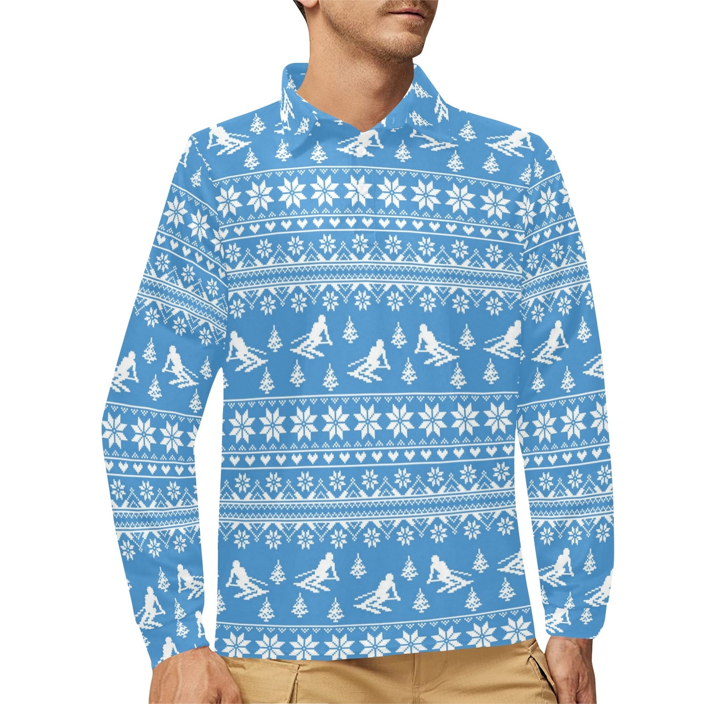 Ski Knit Pattern Print Design LKS302 Long Sleeve Polo Shirt For Men's