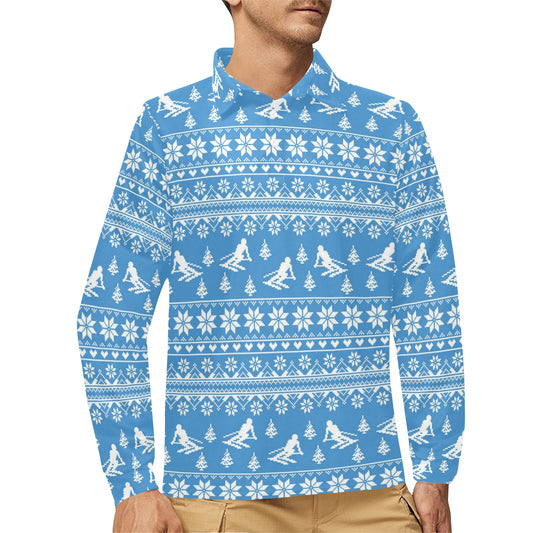 Ski Knit Pattern Print Design LKS302 Long Sleeve Polo Shirt For Men's