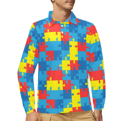 Autism Awareness Design Themed Print Long Sleeve Polo Shirt For Men's