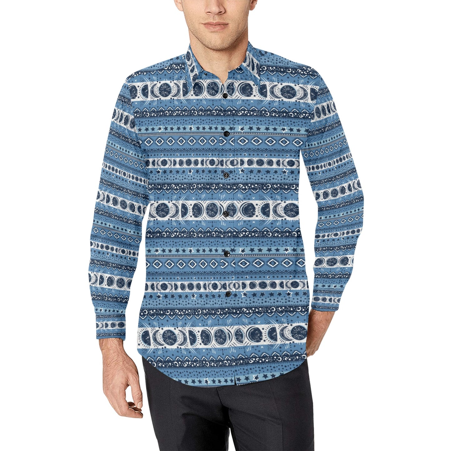 Sun Moon Pattern Print Design LKS306 Men's Long Sleeve Dress Shirt
