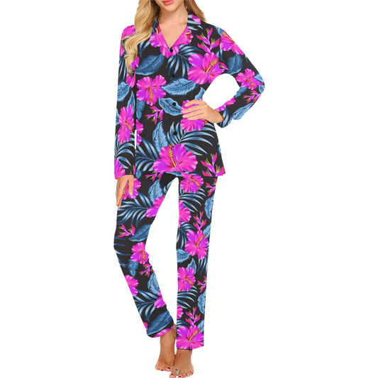 Neon Pink Hibiscus Pattern Print Design HB015 Women's Long Pajama Set
